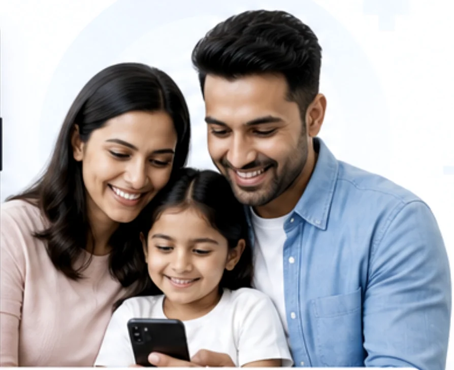 Family looking at a phone